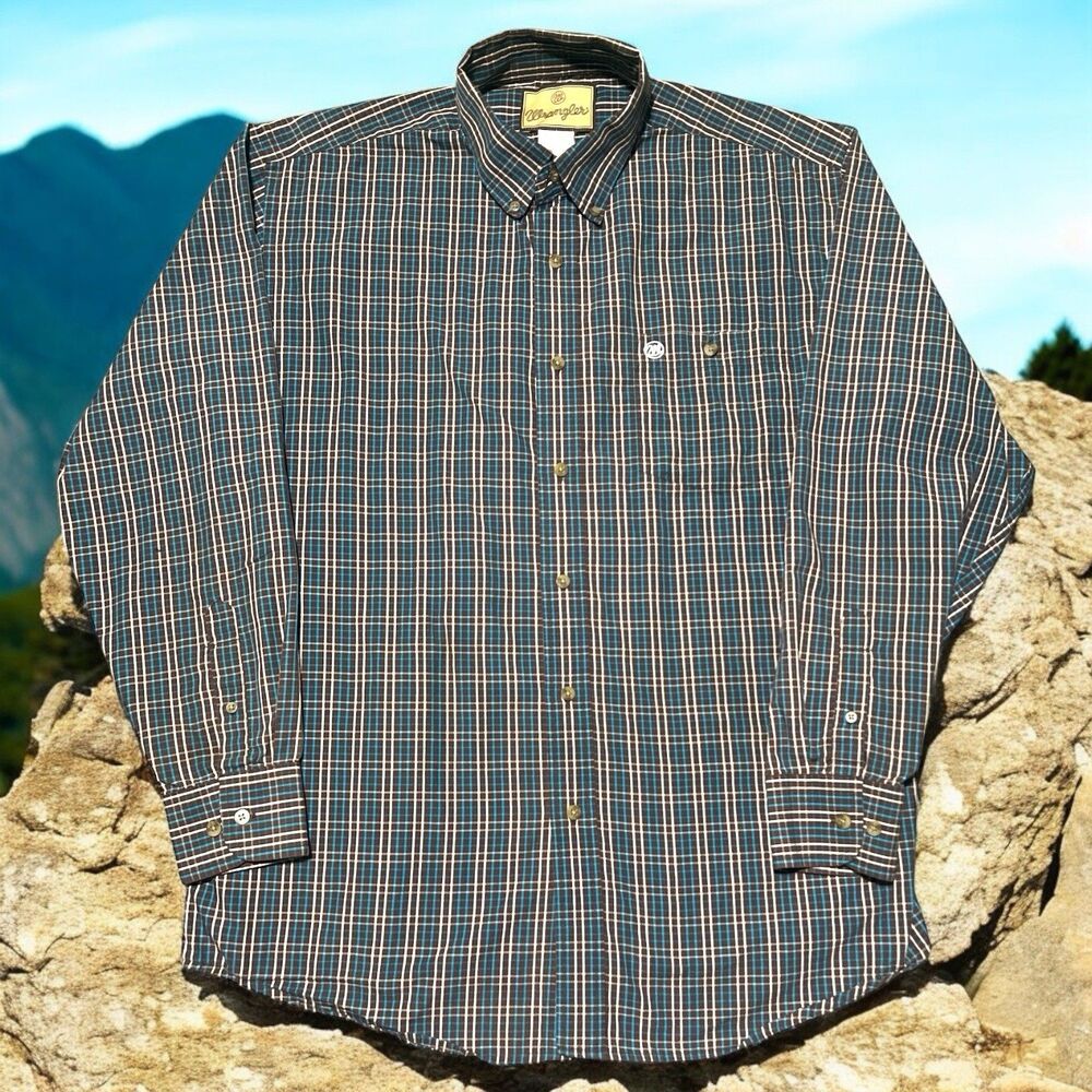 Wrangler Shirt Brown Blue Men’s L Western Plaid Long Sleeve Button Up Rodeo